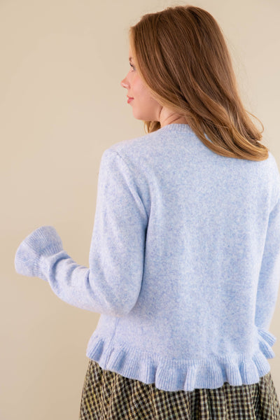 Textured Frill Detail Cardigan- Women's Blue Ruffle Cardigan- Women's Tailored Fit Cardigan