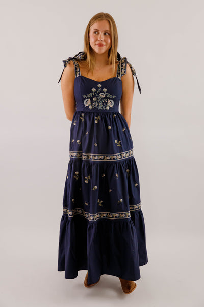 Navy Blue Embroidered Maxi- Women's Boho Style Dresses- Mable Maxi Dress