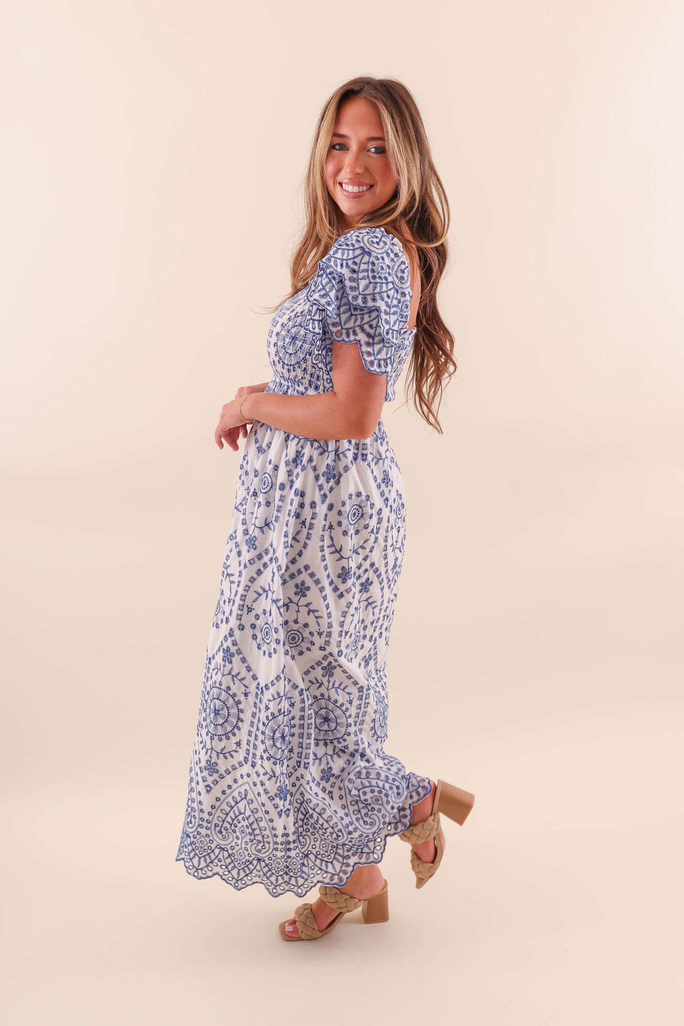 Women's White And Blue Maxi Dress- Blue Embroidered Maxi- Women's Coastal Dresses