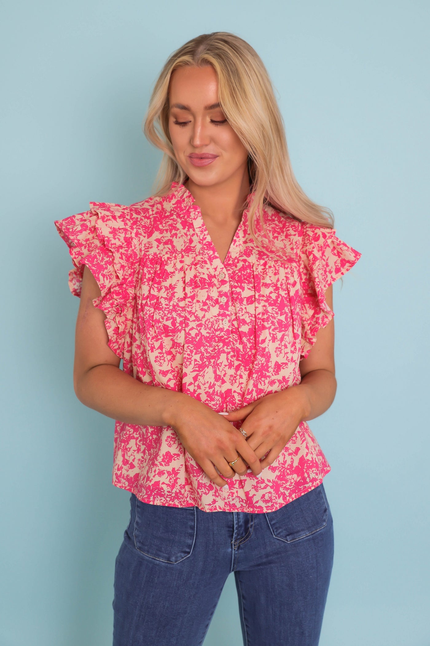 Women's Feminine Print Blouse- Women's Pink Ruffle Top- &Merci Floral Print Blouse