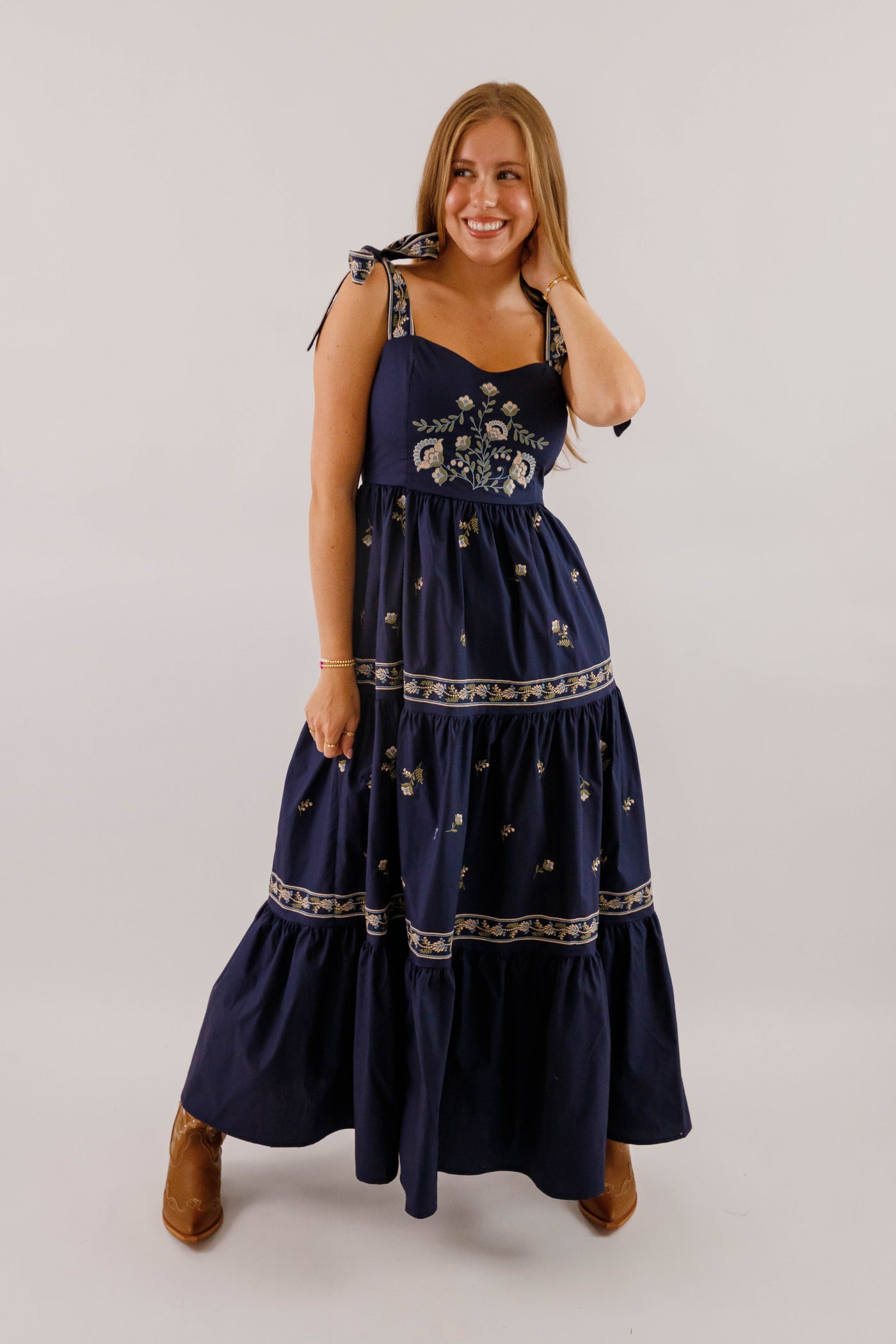 Navy Blue Embroidered Maxi- Women's Boho Style Dresses- Mable Maxi Dress