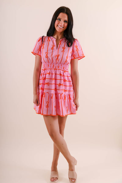 Women's Preppy Bow Dress- Pink Dress with Orange Bows- Umgee Pink and Orange Bow Dress