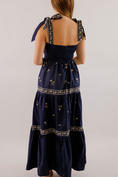 Navy Blue Embroidered Maxi- Women's Boho Style Dresses- Mable Maxi Dress