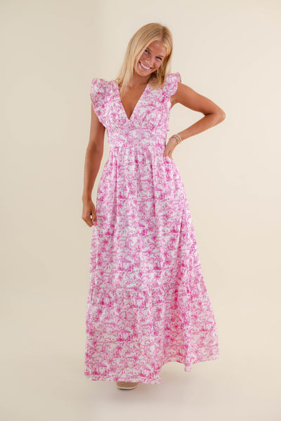 Tropical Print Dress- Pink Maxi Dress- Coastal Grandmother Dresses