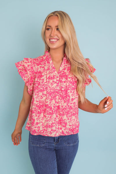 Women's Feminine Print Blouse- Women's Pink Ruffle Top- &Merci Floral Print Blouse