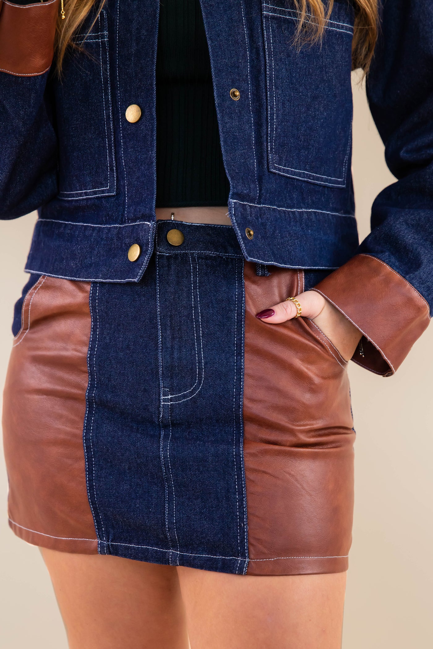 Women's Denim and Leather Mini Skirt- Women's Matching Denim Set- Concert Outfits