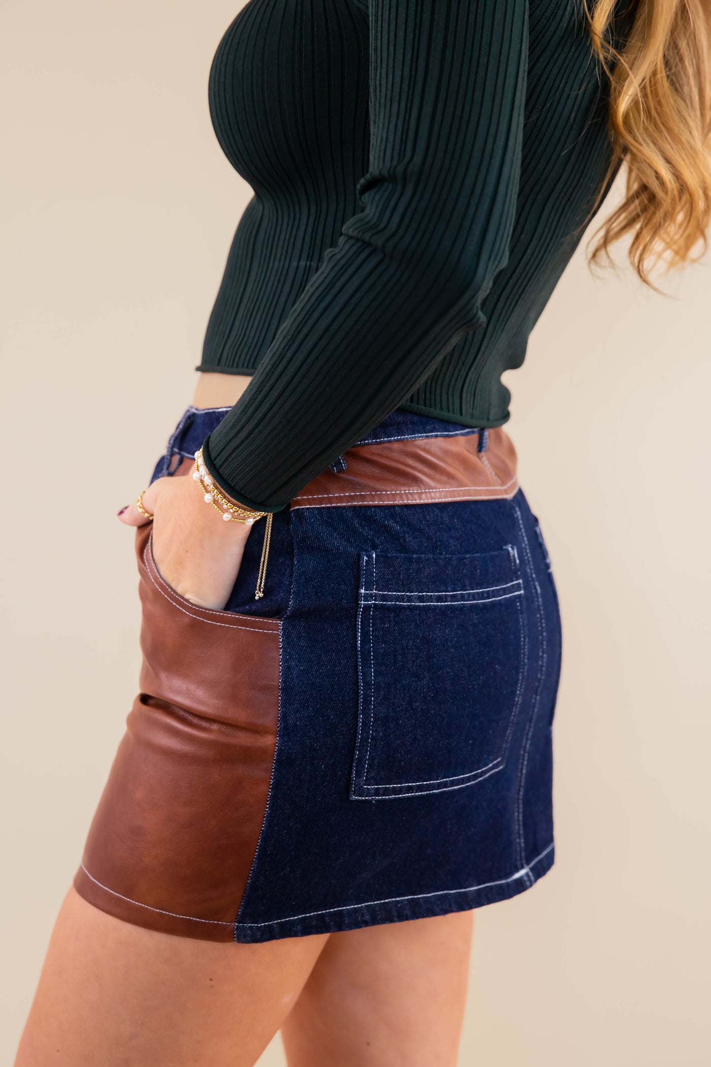 Women's Denim and Leather Mini Skirt- Women's Matching Denim Set- Concert Outfits