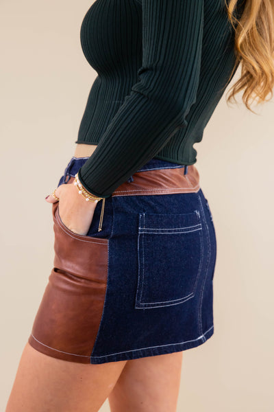 Women's Denim and Leather Mini Skirt- Women's Matching Denim Set- Concert Outfits