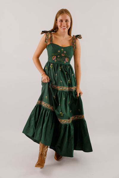 Hunter Green Embroidered Maxi- Women's Boho Style Dresses- Mable Maxi Dress