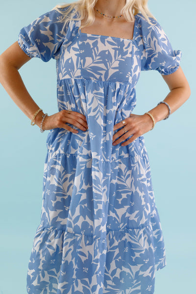 Blue Floral Print Midi Dress- Women's Vacation Dresses