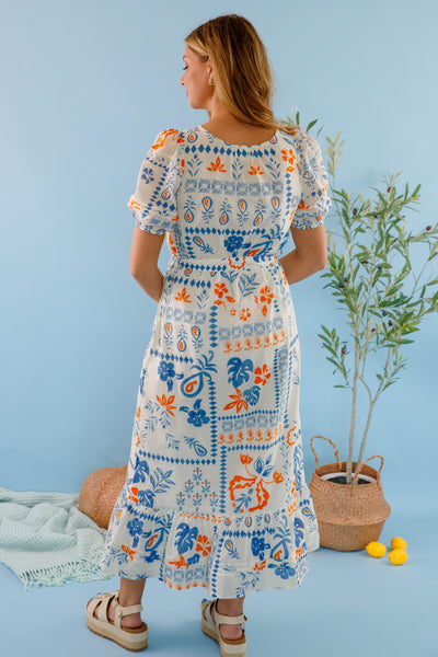  Bila77 Midi Dress- Women's Blue and White Printed Dress- Cotton Dresses for Women