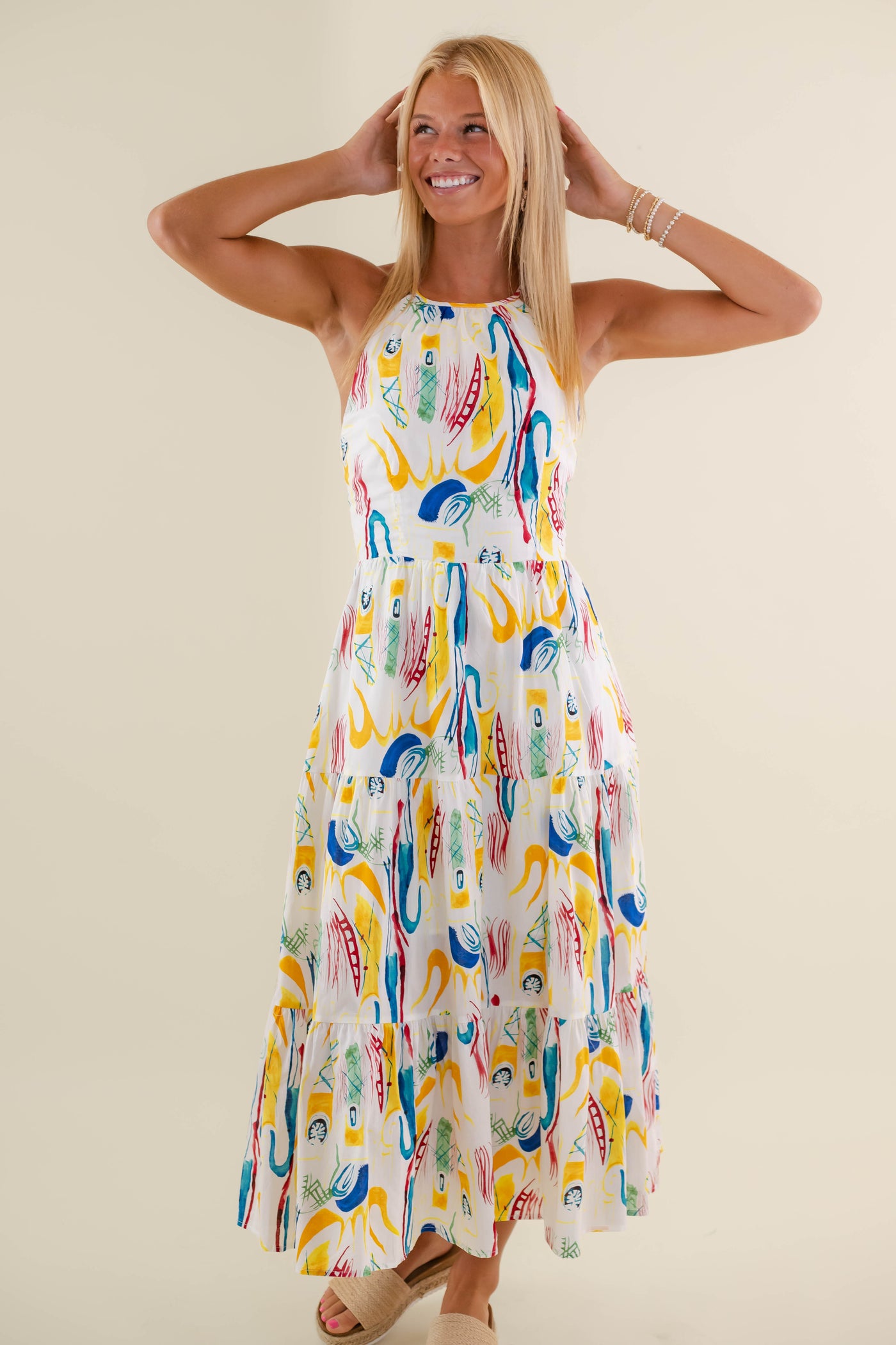 Colorful Abstract Print Midi Dress- Women's Vacation Dresses