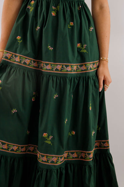 Hunter Green Embroidered Maxi- Women's Boho Style Dresses- Mable Maxi Dress
