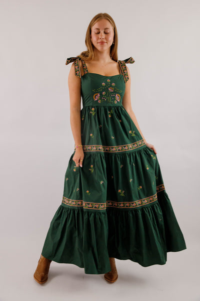 Hunter Green Embroidered Maxi- Women's Boho Style Dresses- Mable Maxi Dress