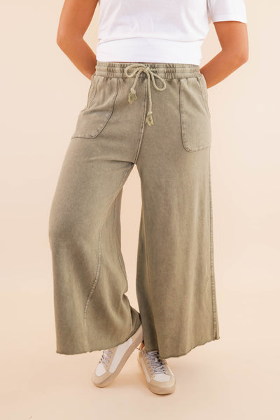 Olive Green Mineral Wash Travel Pants- Comfy Olive Cropped Pants- Easel Cropped Pants
