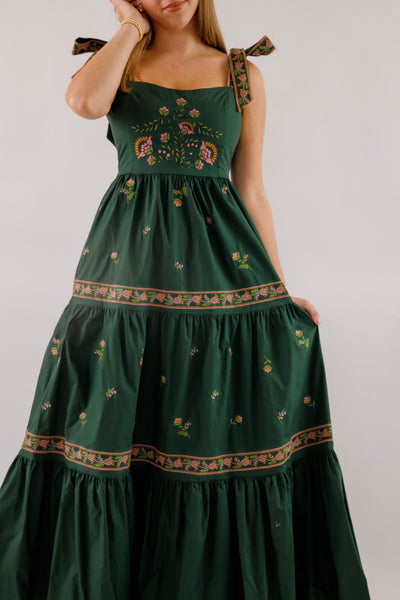 Hunter Green Embroidered Maxi- Women's Boho Style Dresses- Mable Maxi Dress