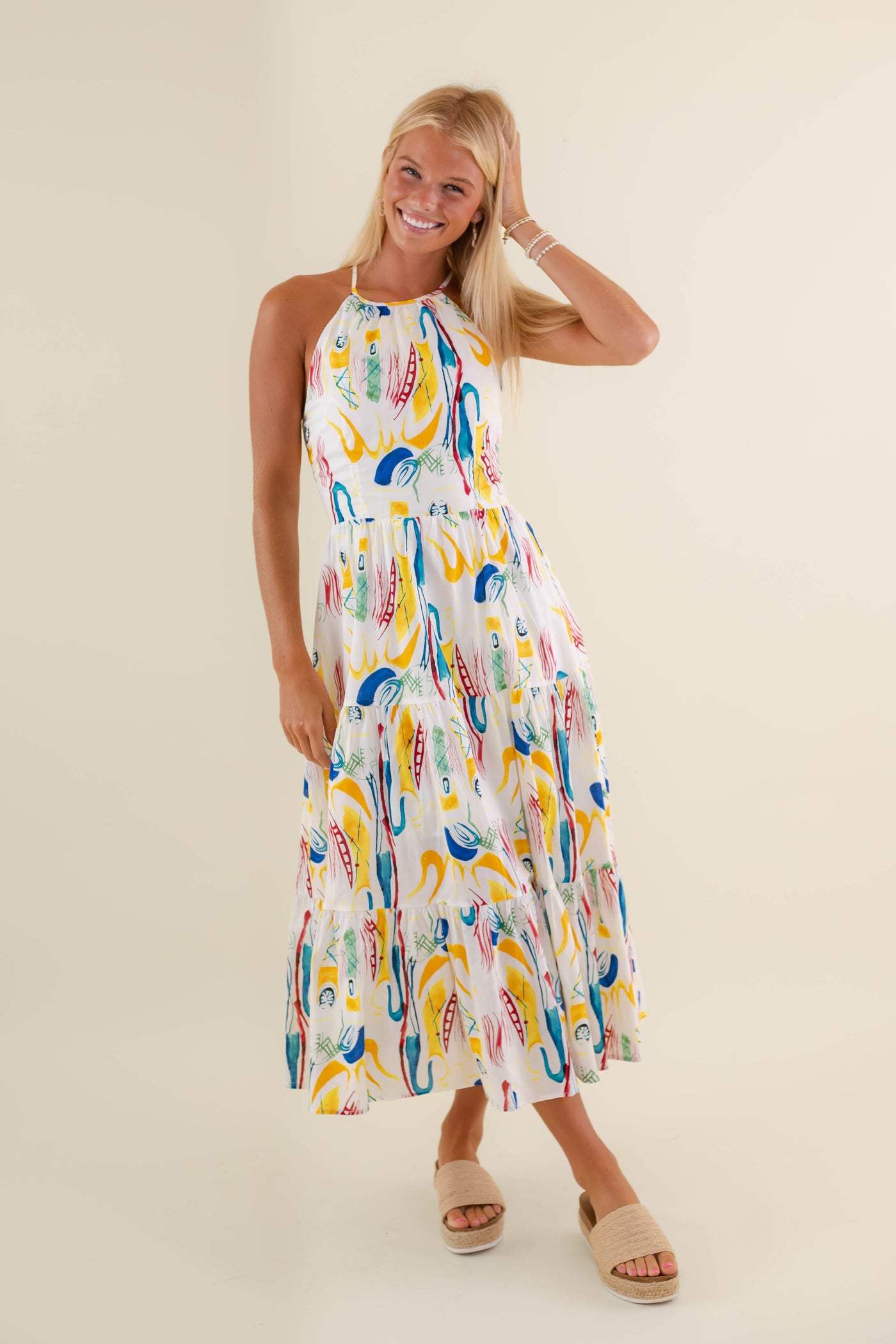 Colorful Abstract Print Midi Dress- Women's Vacation Dresses