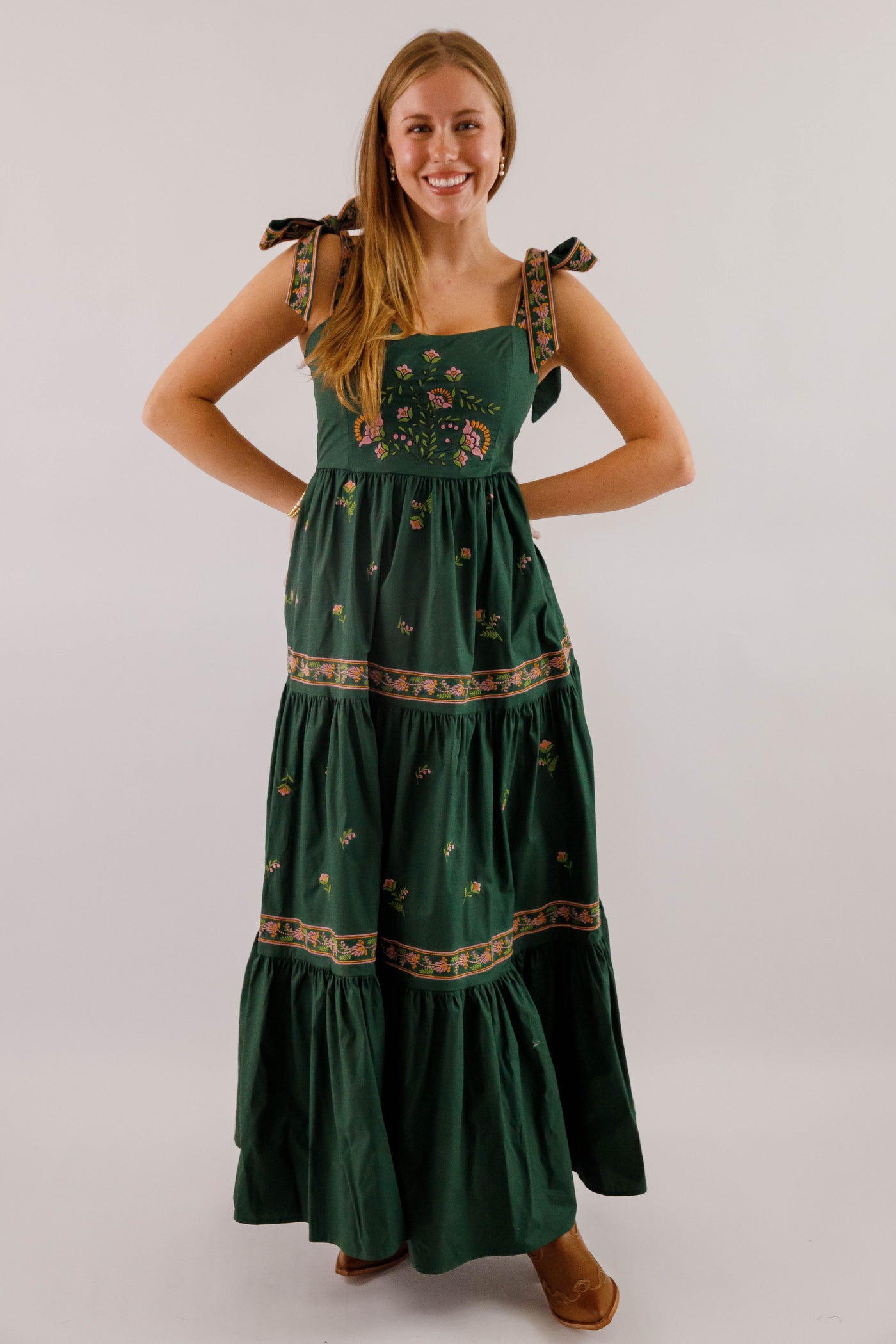 Hunter Green Embroidered Maxi- Women's Boho Style Dresses- Mable Maxi Dress