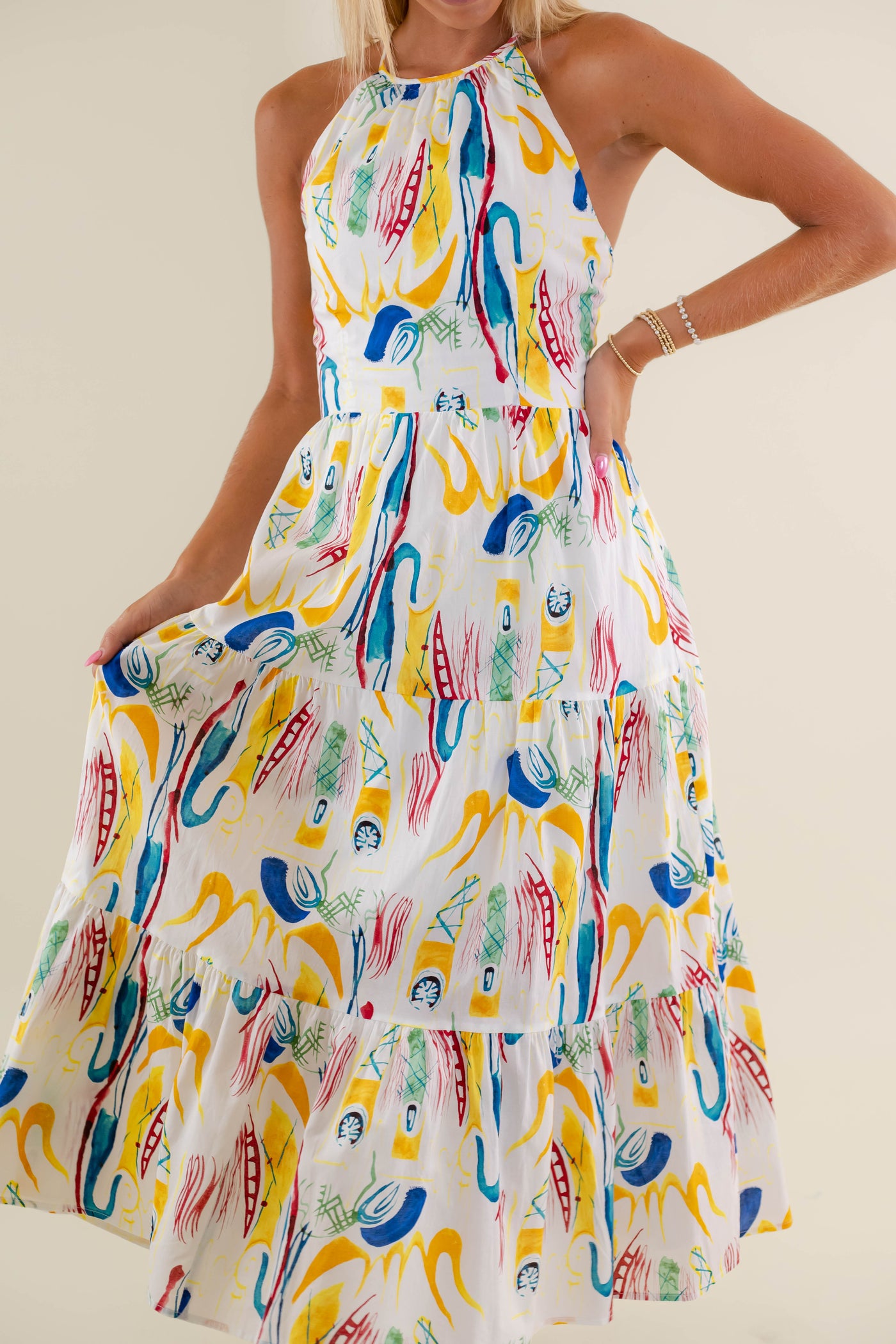 Colorful Abstract Print Midi Dress- Women's Vacation Dresses