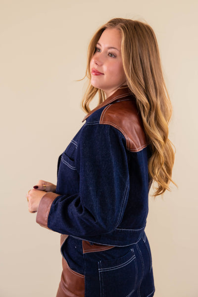 Women's Cropped Denim and Leather Jacket- Women's Matching Denim Set- Concert Outfits