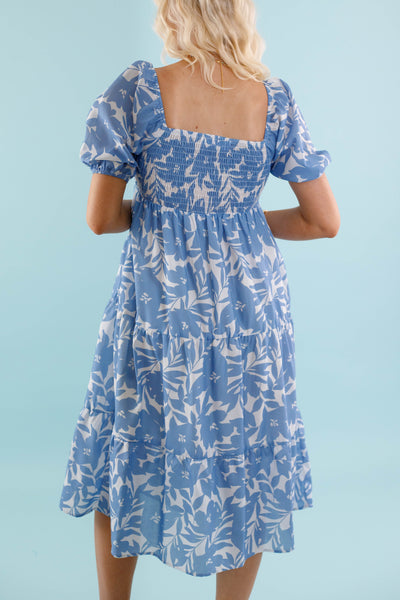 Blue Floral Print Midi Dress- Women's Vacation Dresses