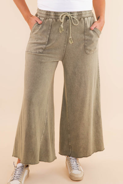 Olive Green Mineral Wash Travel Pants- Comfy Olive Cropped Pants- Easel Cropped Pants