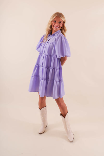 Women's Purple Puff Sleeve Dress- Button Down Ruffle Dress- Women's Summer Dresses