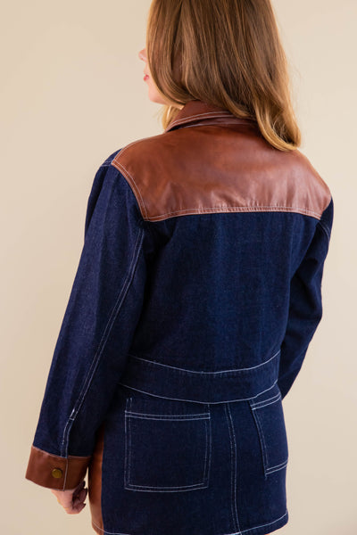 Women's Cropped Denim and Leather Jacket- Women's Matching Denim Set- Concert Outfits