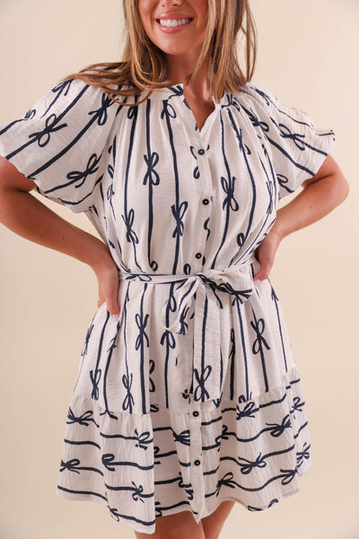 Preppy White and Navy Dress with Bow Design - White Button Down Dress with Bows- Umgee Bow Dress