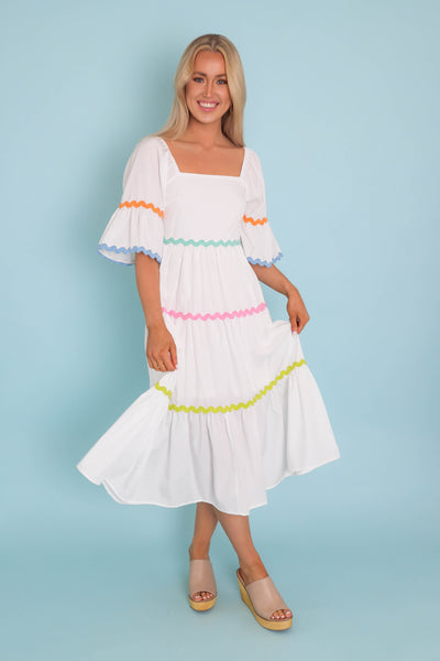 Women's Rainbow Ric-Rac Dress- Women's Spring Midi Dress- Entro Midi Dresses