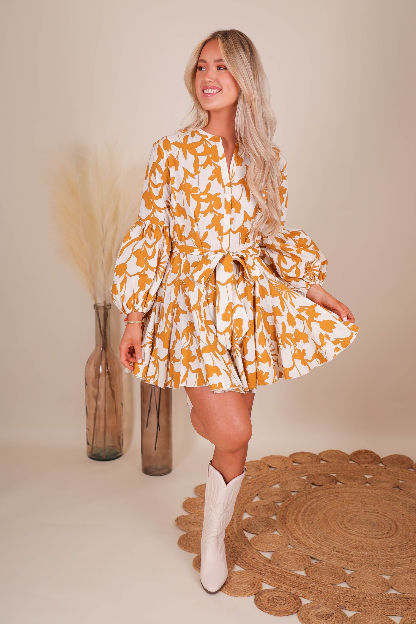 Women's Long Sleeve Dresses- Yellow Floral Dress- Aakaa Dresses