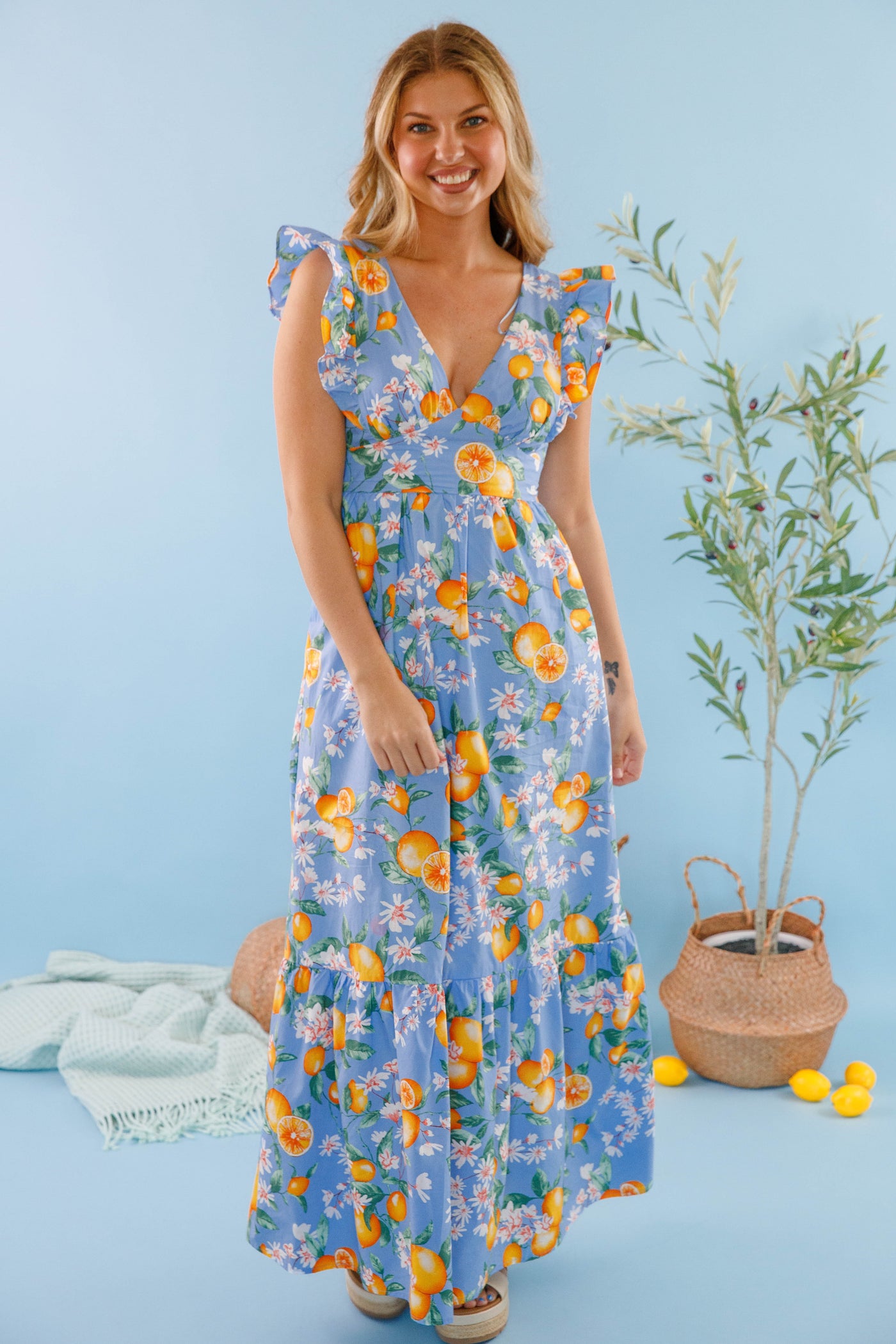 Women's Lemon Print Maxi Dress- Blue and Lemon Dress- Skies Are Blue Maxi