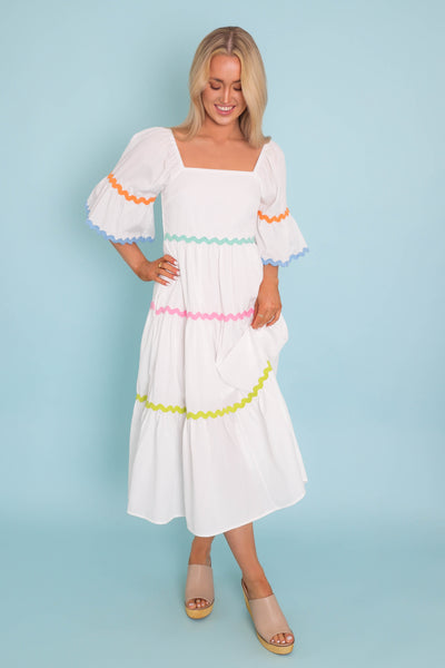 Women's Rainbow Ric-Rac Dress- Women's Spring Midi Dress- Entro Midi Dresses