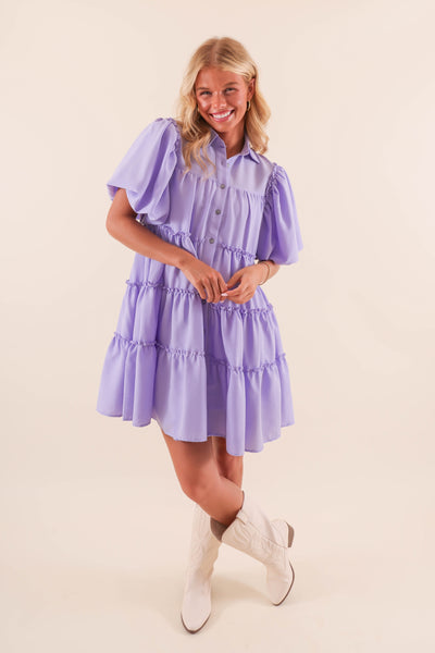 Women's Purple Puff Sleeve Dress- Button Down Ruffle Dress- Women's Summer Dresses