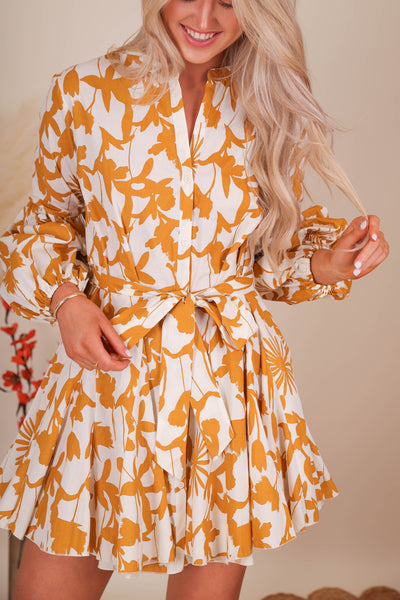 Women's Long Sleeve Dresses- Yellow Floral Dress- Aakaa Dresses