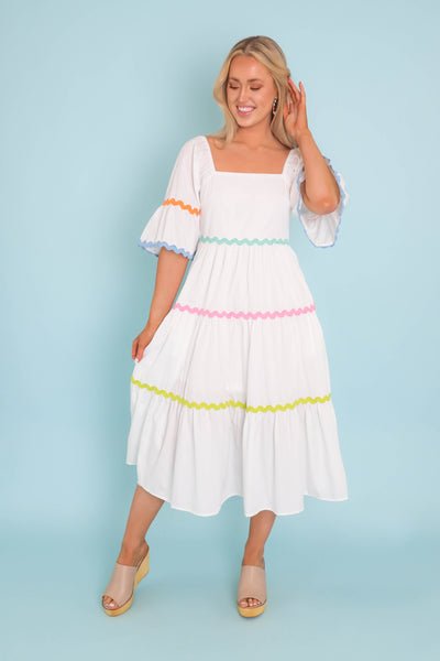 Women's Rainbow Ric-Rac Dress- Women's Spring Midi Dress- Entro Midi Dresses