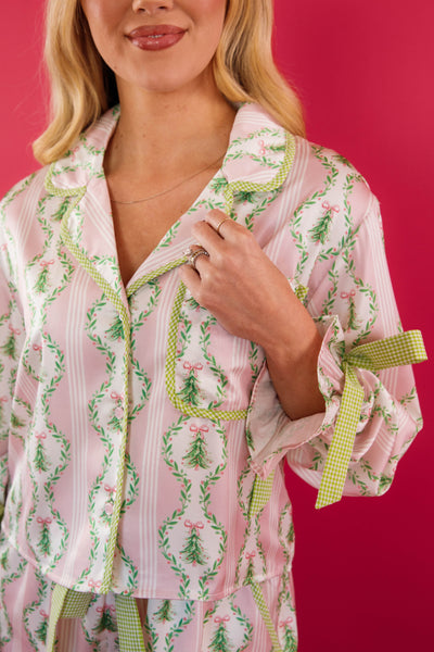Satin Christmas Pajama Top- Pink and Green Christmas Tree Pajama Top- Peach Love Cream Christmas Pajama Top