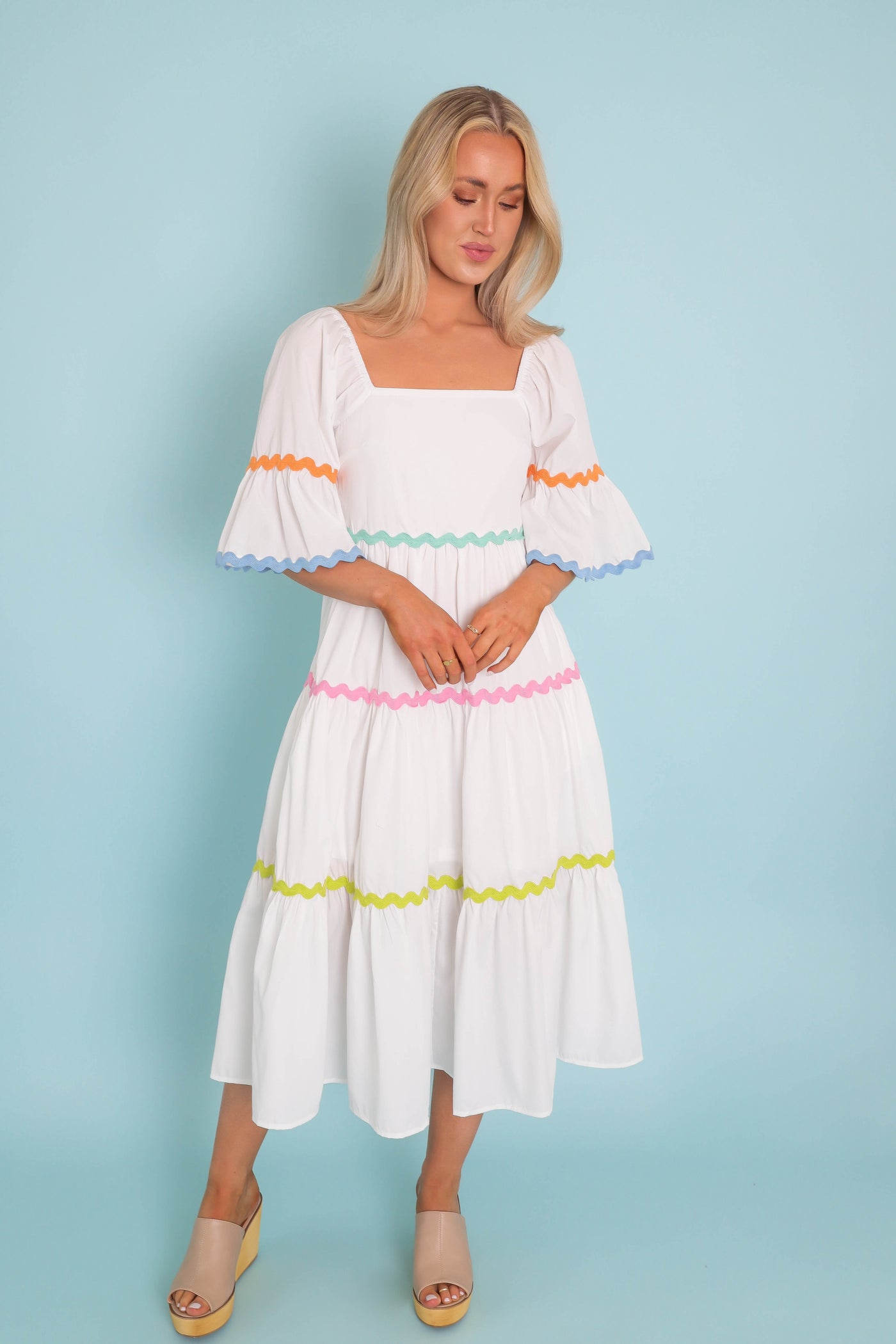 Women's Rainbow Ric-Rac Dress- Women's Spring Midi Dress- Entro Midi Dresses