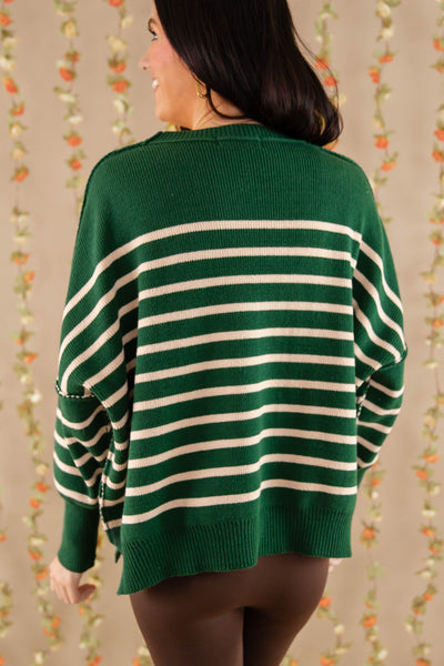 Green Striped Oversized Sweater- Women's Preppy Sweaters- Entro Stripe Sweater