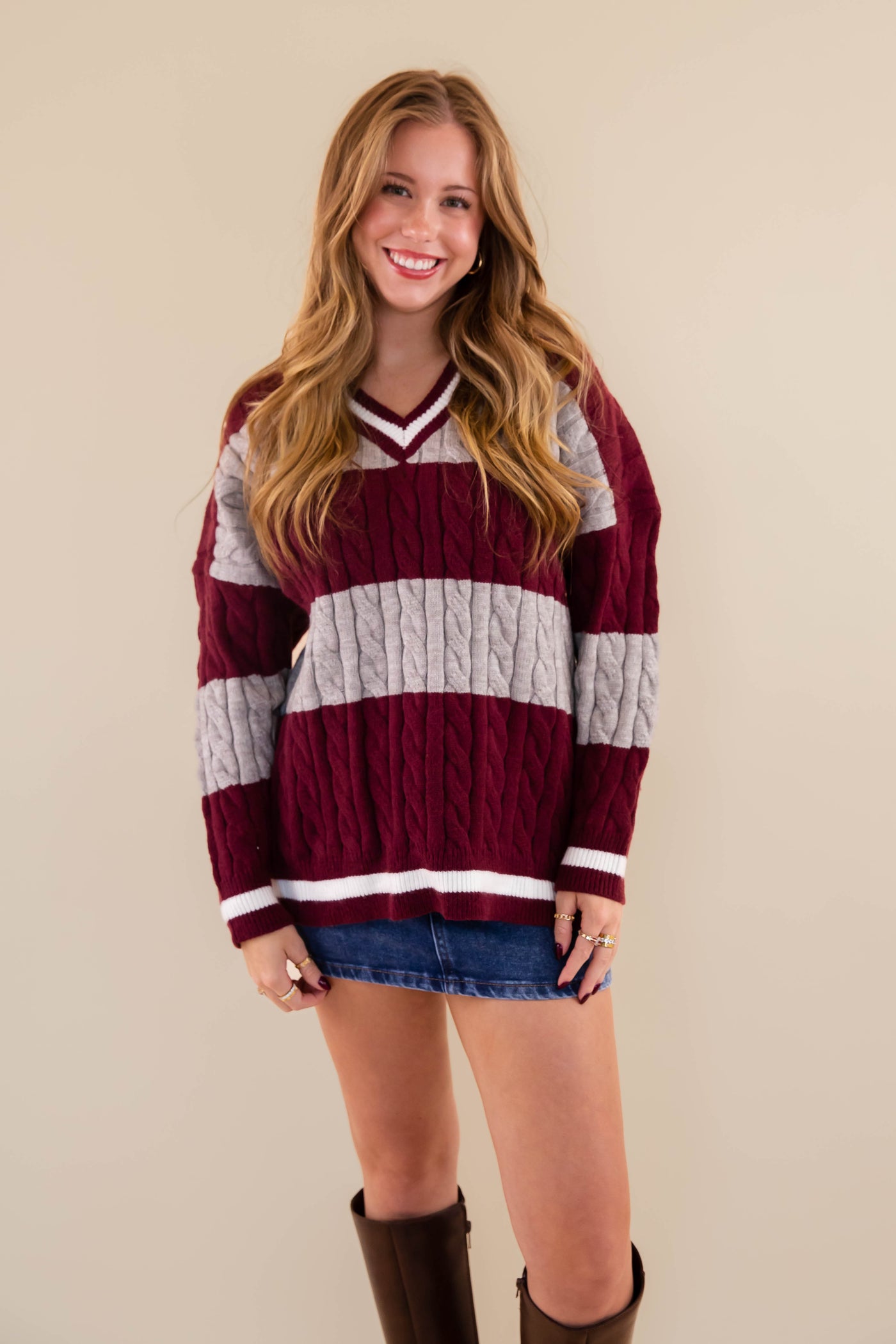 Striped Cable Knit Sweater- Oversized Varsity Inspired Sweater- She + Sky Striped Sweater