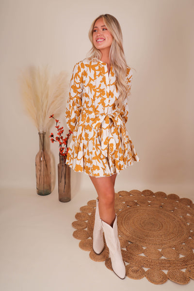 Women's Long Sleeve Dresses- Yellow Floral Dress- Aakaa Dresses