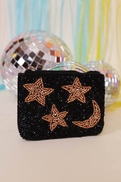 Cute Beaded Coin Purse- Cute Credit Card Holder- Moon & Star Beaded Coin Purse