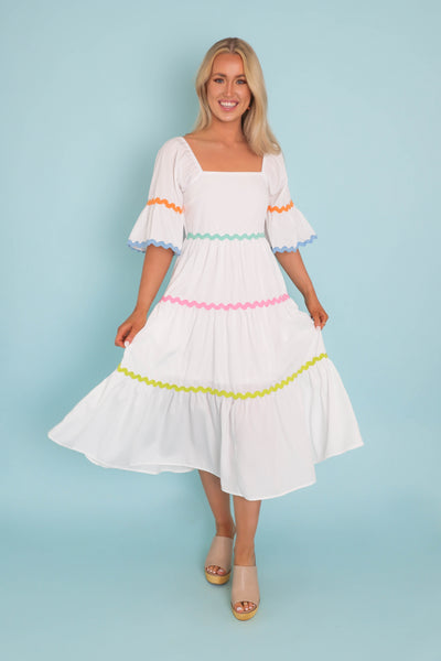 Women's Rainbow Ric-Rac Dress- Women's Spring Midi Dress- Entro Midi Dresses