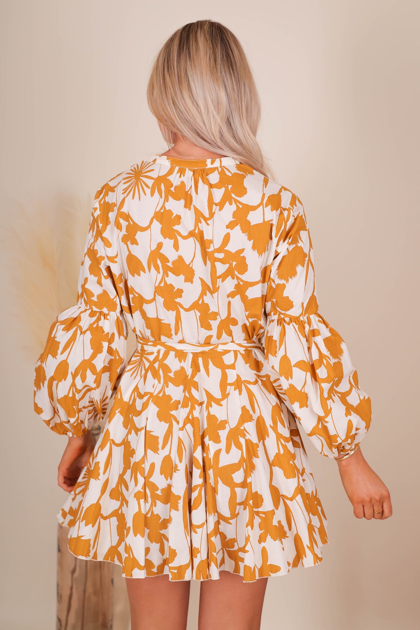 Women's Long Sleeve Dresses- Yellow Floral Dress- Aakaa Dresses