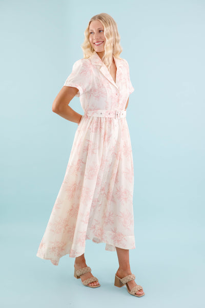 Women's Belted Shirt Dress- Vintage Inspired Dresses- Blush Print Midi