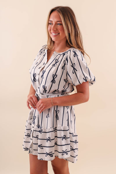 Preppy White and Navy Dress with Bow Design - White Button Down Dress with Bows- Umgee Bow Dress