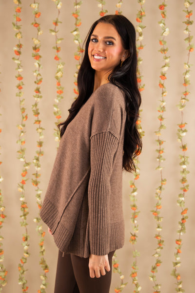 Women's Brown Brushed Knit Sweater- Oversized V-Neckline Sweater- Women's Comfy Tops