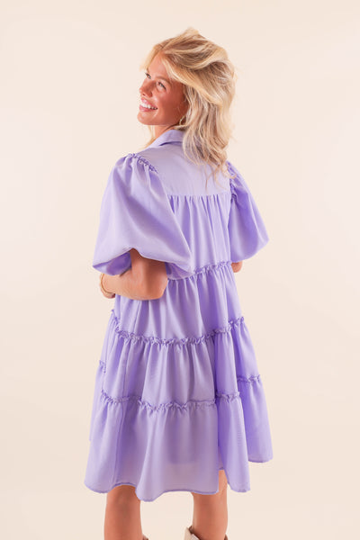 Women's Purple Puff Sleeve Dress- Button Down Ruffle Dress- Women's Summer Dresses