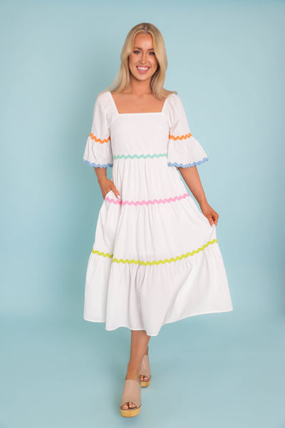 Women's Rainbow Ric-Rac Dress- Women's Spring Midi Dress- Entro Midi Dresses