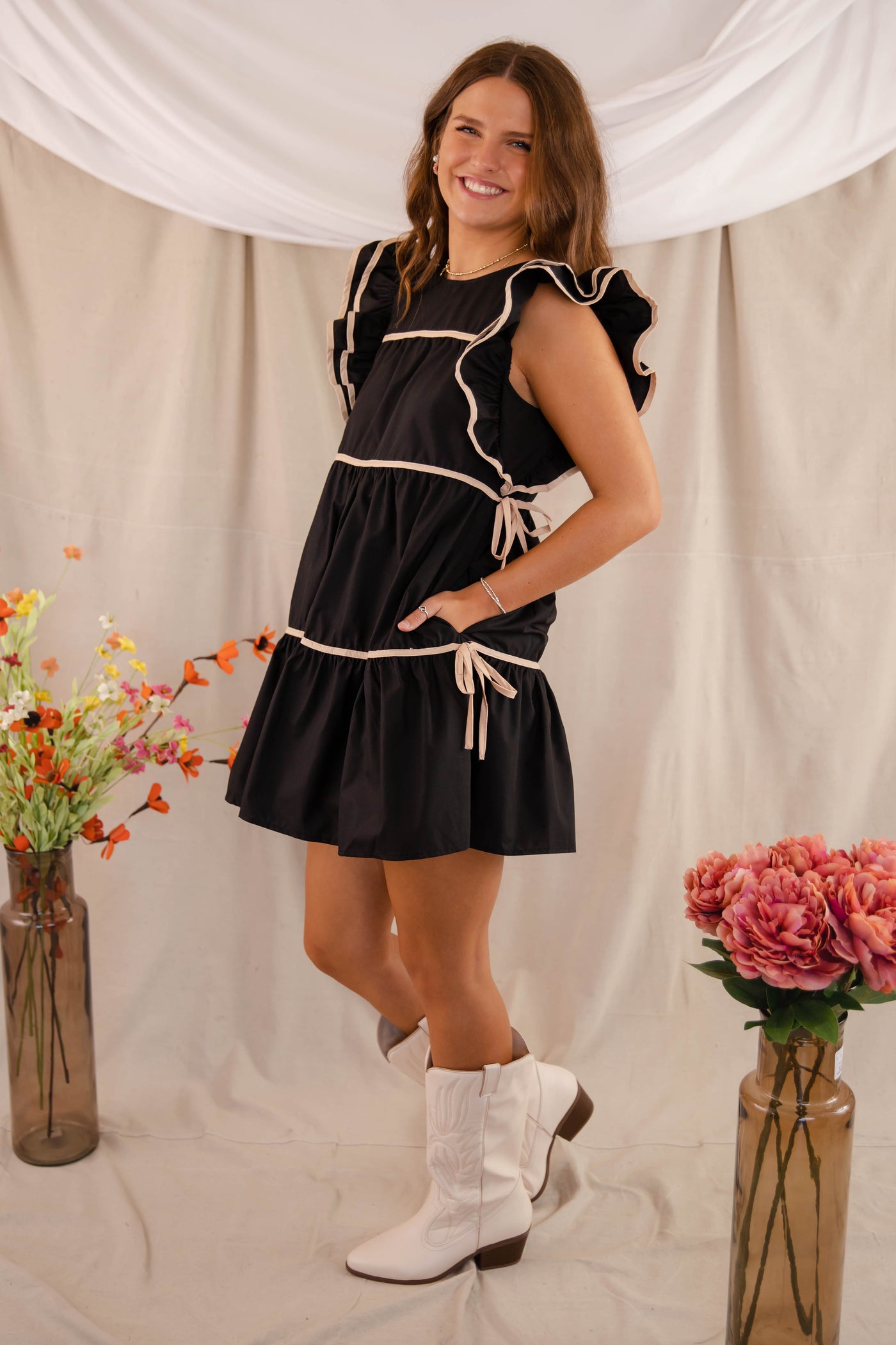 Women's Black Tiered Dress- Black Ribbon Dress- Women's Black Ruffle Dress